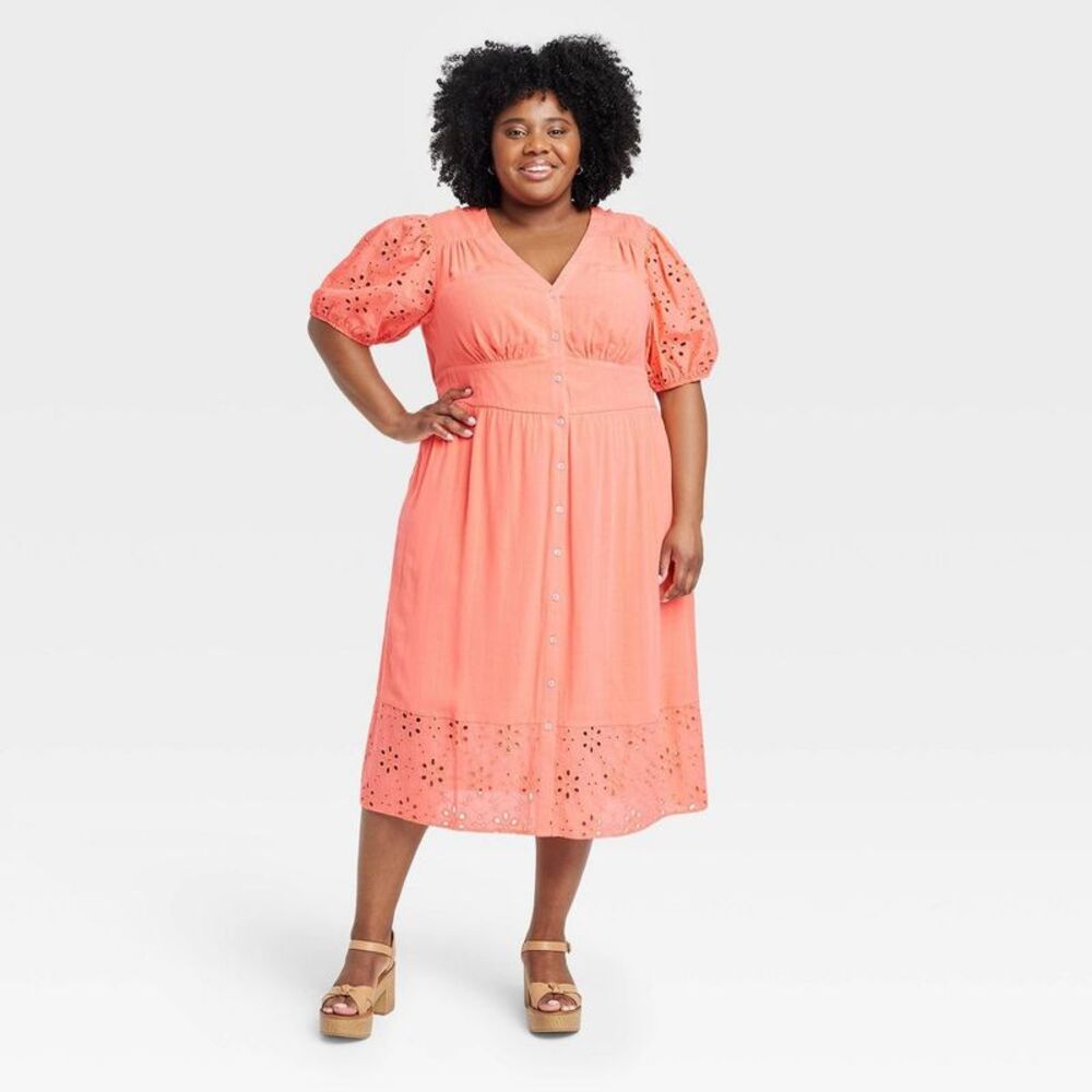 Knox Rose - Knox Rose Women's Short Puff Sleeve Eyelet Midi Dr Peach